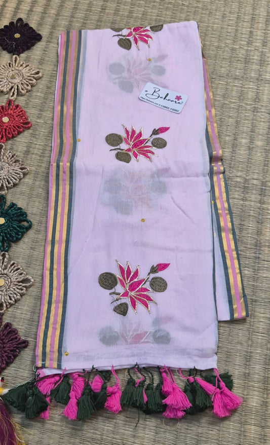 Noor | Baby Pink Mul Mul Cotton Saree with Gota Patti Embroidery