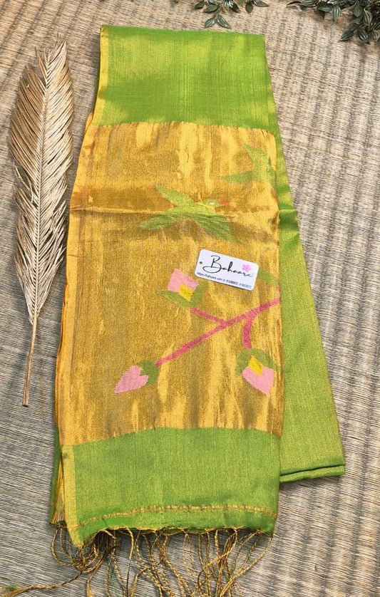 Springtime Serenity | Sparkle Green Tissue Linen Saree with Paithani Motif