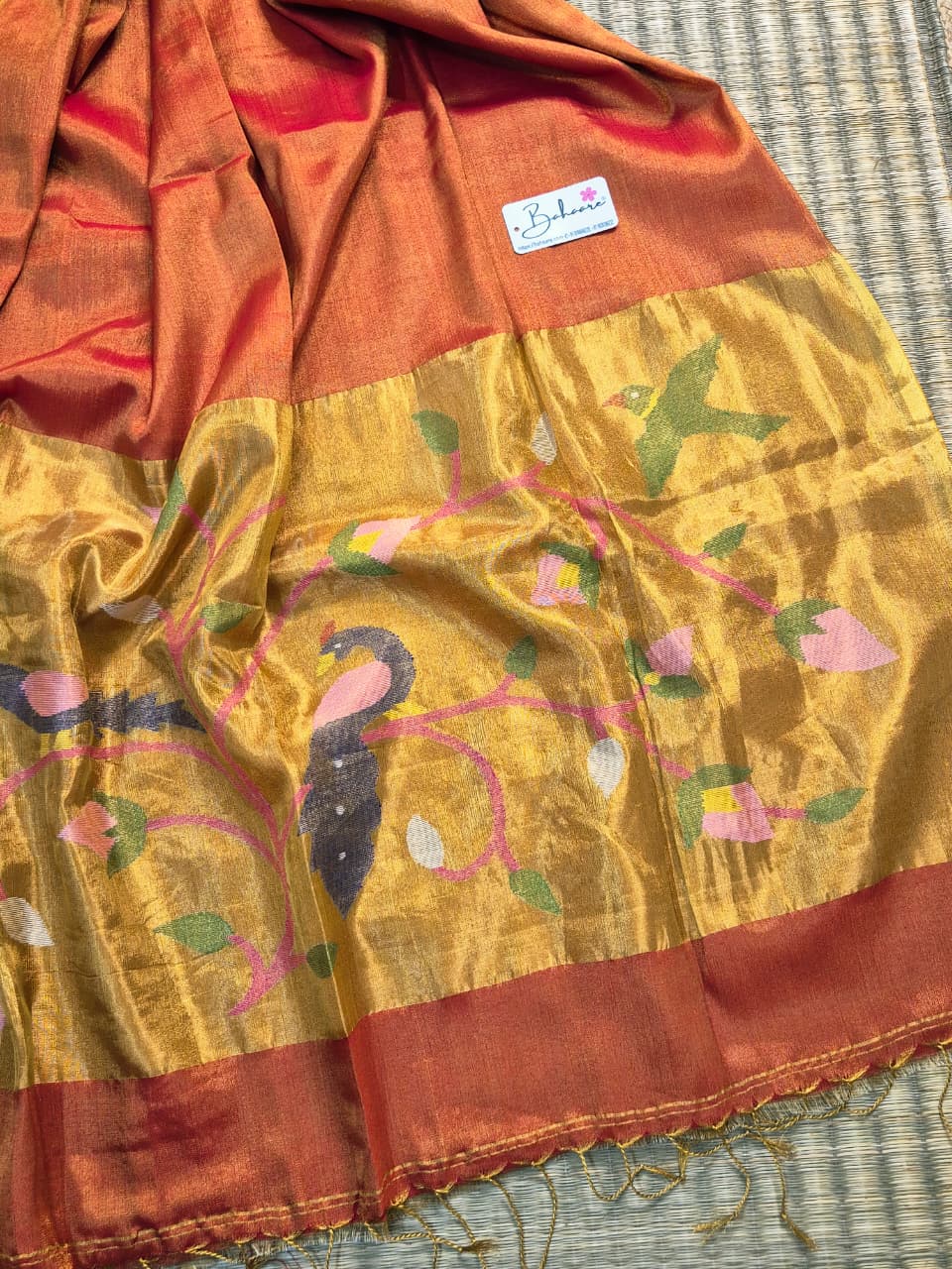 Springtime Serenity | Fire Red Tissue Linen Saree with Paithani Motif
