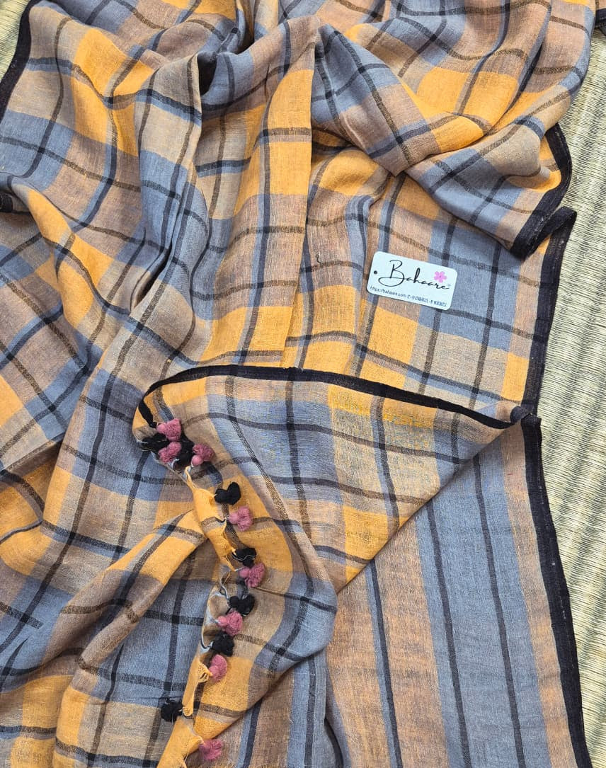 Woodland Whispers | Light Orange with Black Check Jayshree Linen Saree