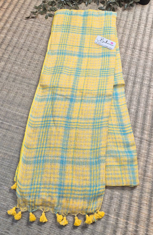 Woodland Whispers | Light Yellow with Ocean Blue Check Jayshree Linen Saree