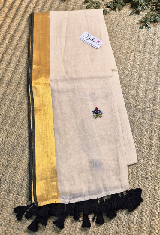 Noor | Ivory Beige Mul Mul Cotton Saree with Bullion Hand Embroidery and Zari Border