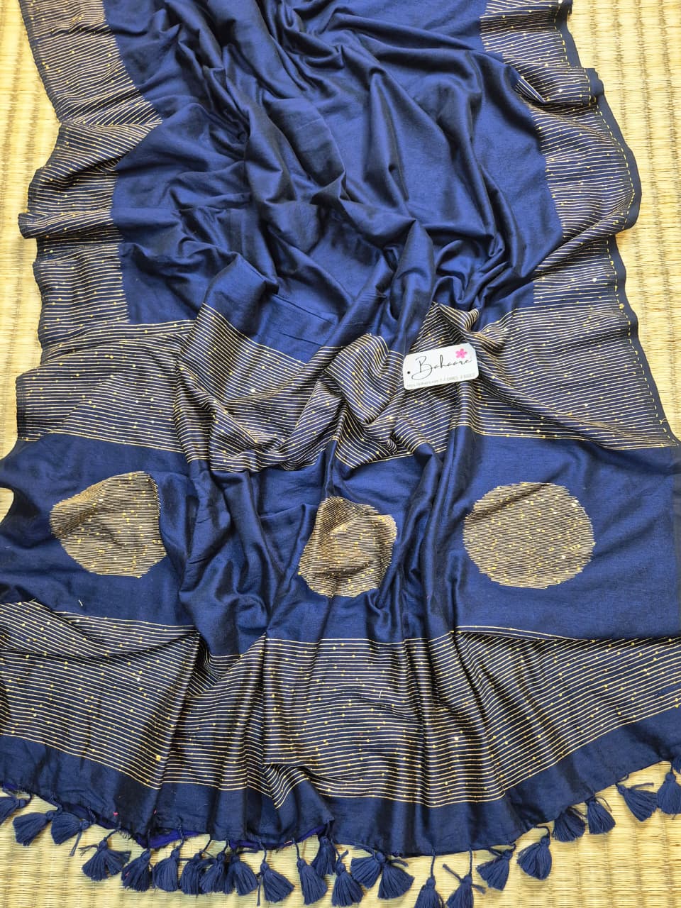 Cotton Galleria | Navy Prussian Blue Acrylic Cotton Saree with Sequence Pallu