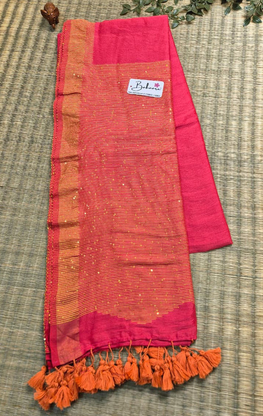 Cotton Galleria | Peachy Pink Acrylic Cotton Saree with Sequence Pallu