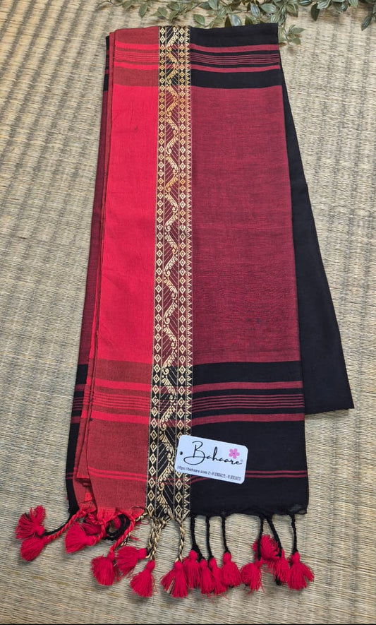 Cotton Galleria | Smoky Black Premium Cotton Saree with Red Border