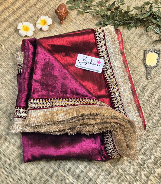 Megha | Burnt Maroon with Magenta Tissue Saree with Zari Lace