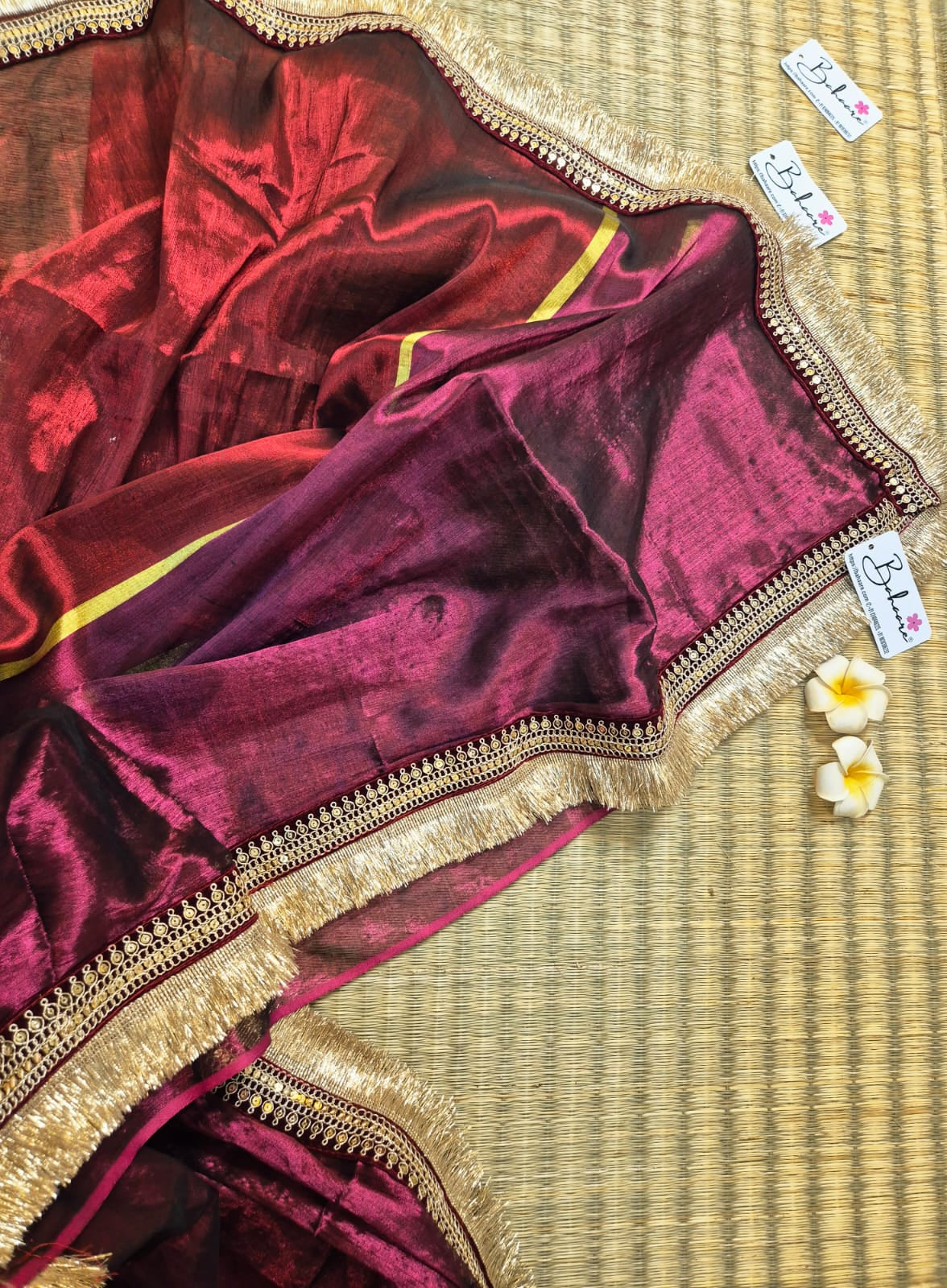 Megha | Burnt Maroon with Magenta Tissue Saree with Zari Lace