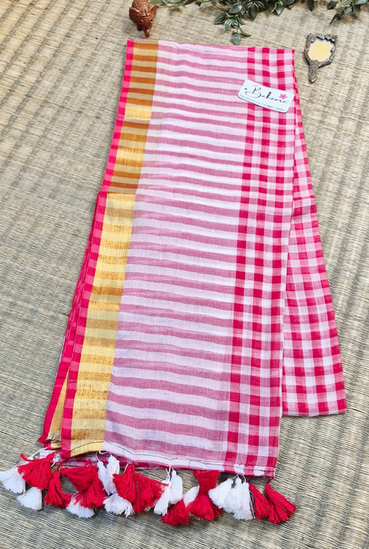 Noor | Red and White Check Mul Mul Cotton Saree with Golden Zari Border