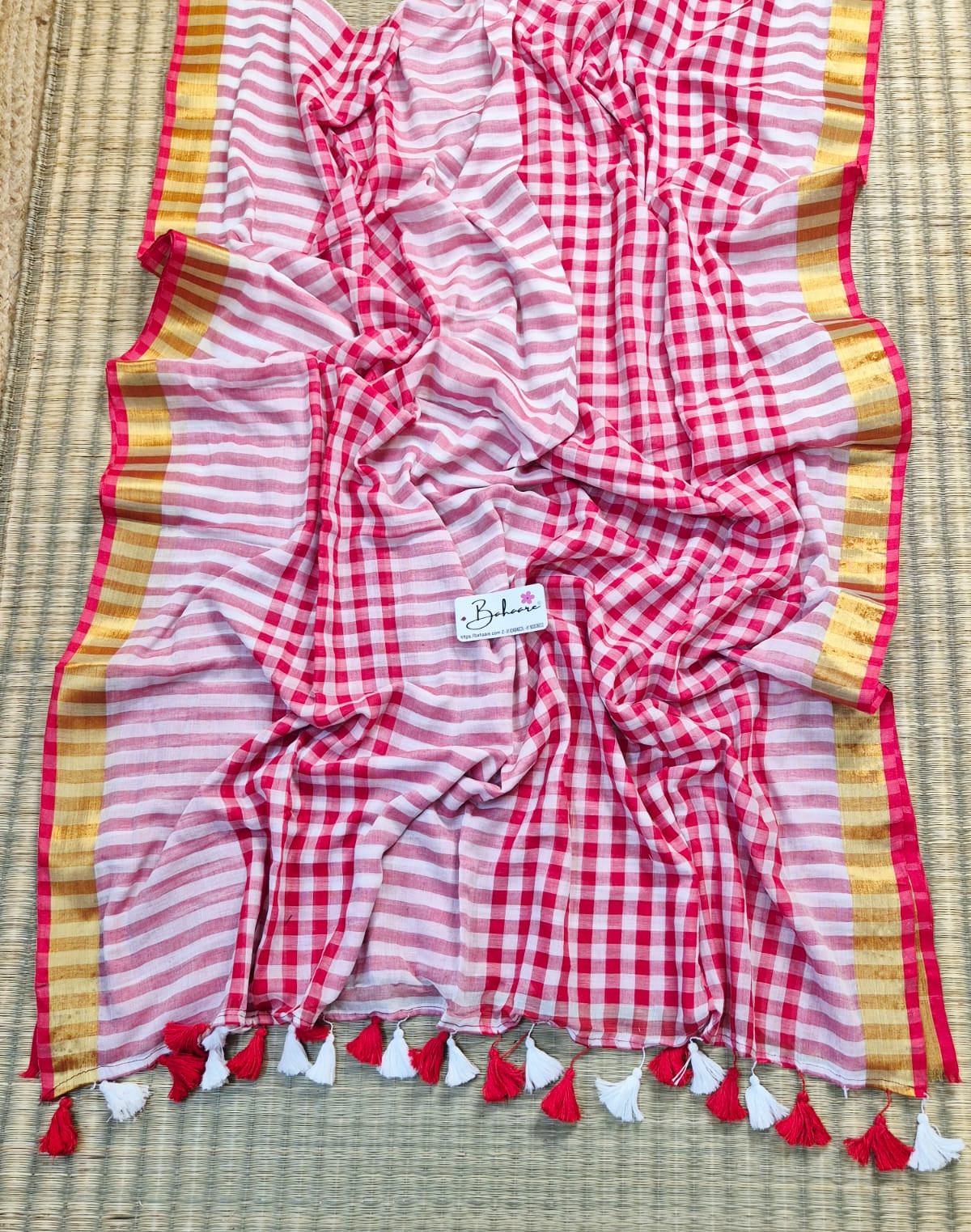 Noor | Red and White Check Mul Mul Cotton Saree with Golden Zari Border