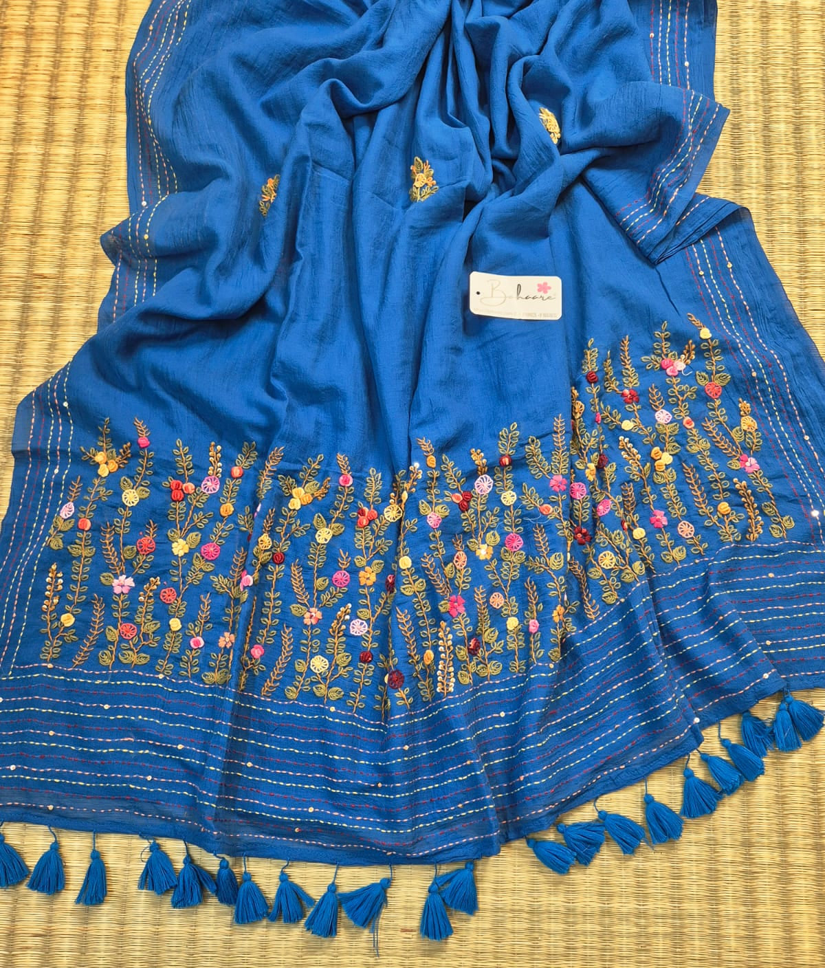 Mohini | Royal Blue Mul Mul Cotton Saree with Handcrafted Bullion Stich