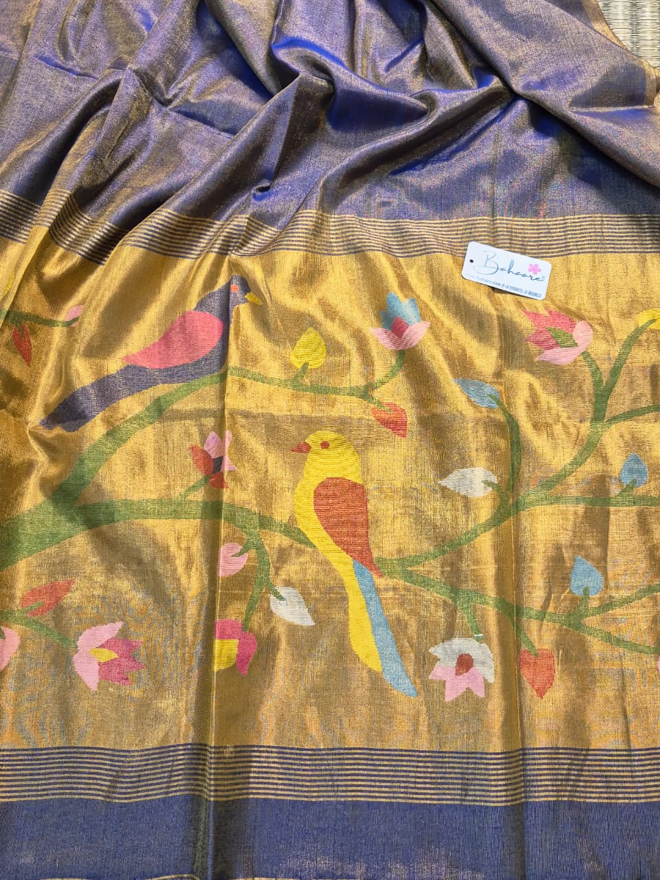 Springtime Serenity | Cobalt Shimmer Tissue Linen Saree with Paithani Motif