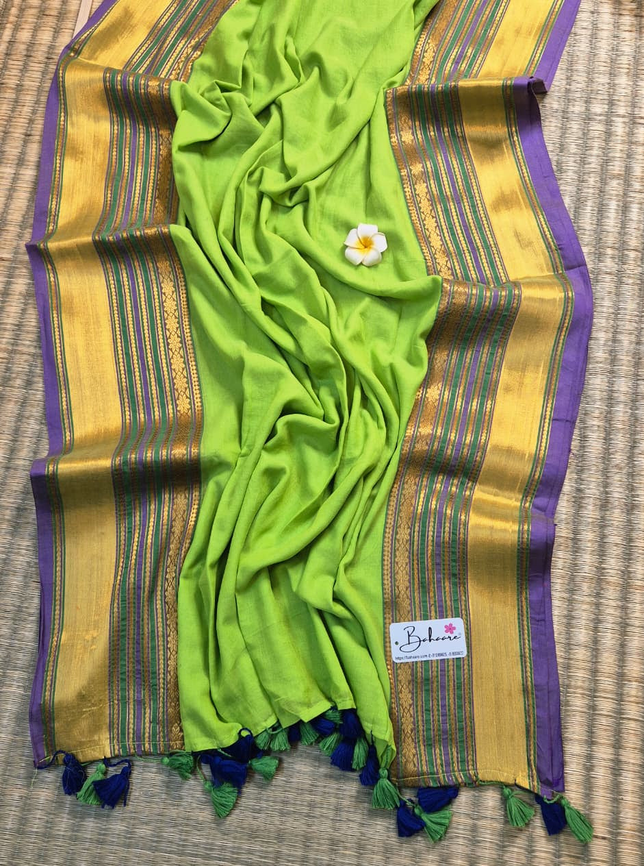 Noor | Mayura Green Mul Mul Cotton Saree with Golden Zari Border