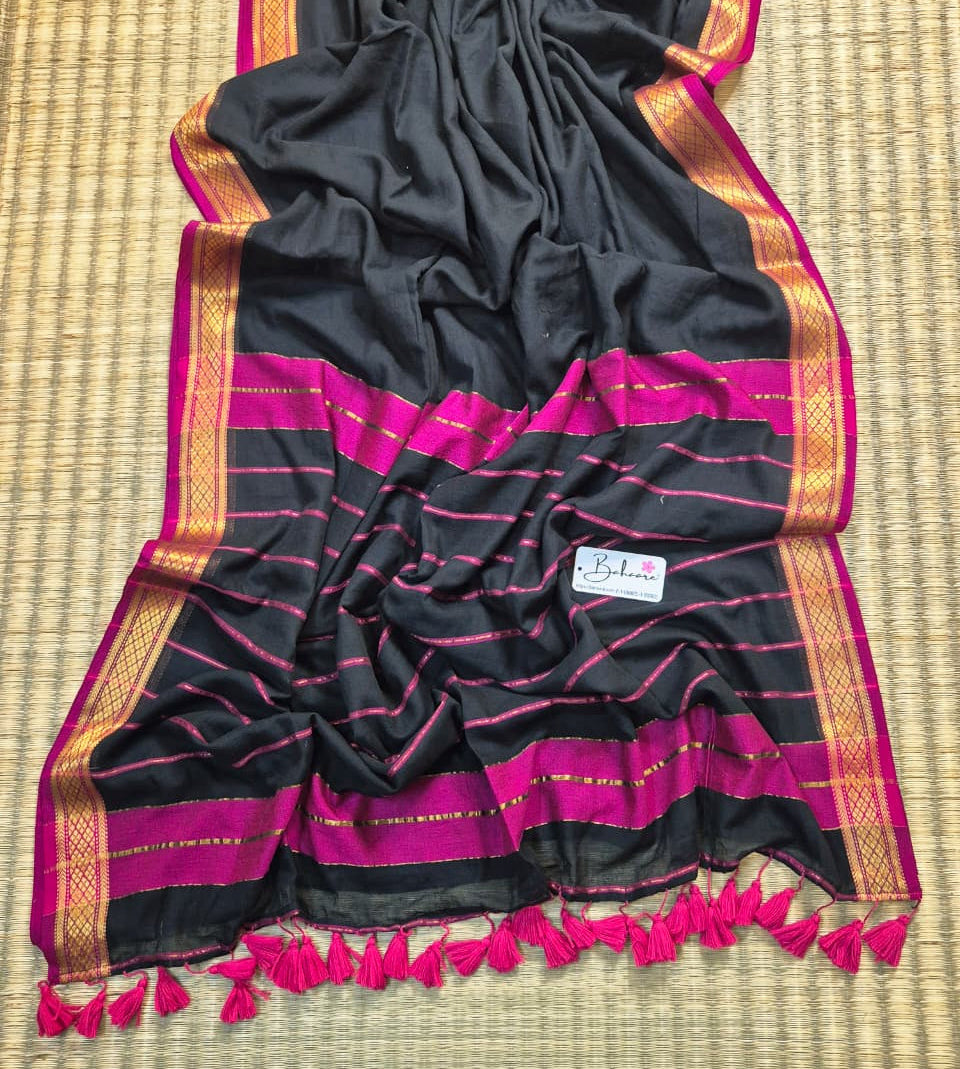 Cotton Galleria | Ananta Black Handwoven Premium Cotton Saree with Golden Zari Border
