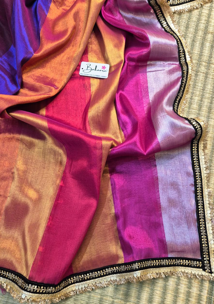 Megha | Multicoloured Tissue Saree with Designer Zari Lace
