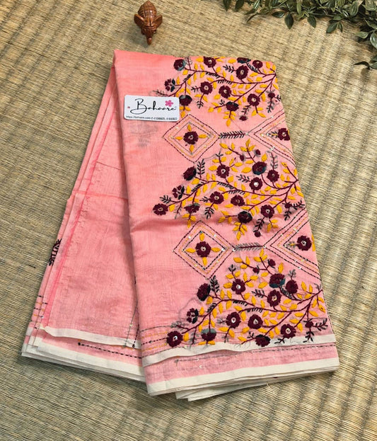 Cotton Galleria | Rosy Peach Phulkari Hand Embroidery Chanderi Cotton-Silk Saree
