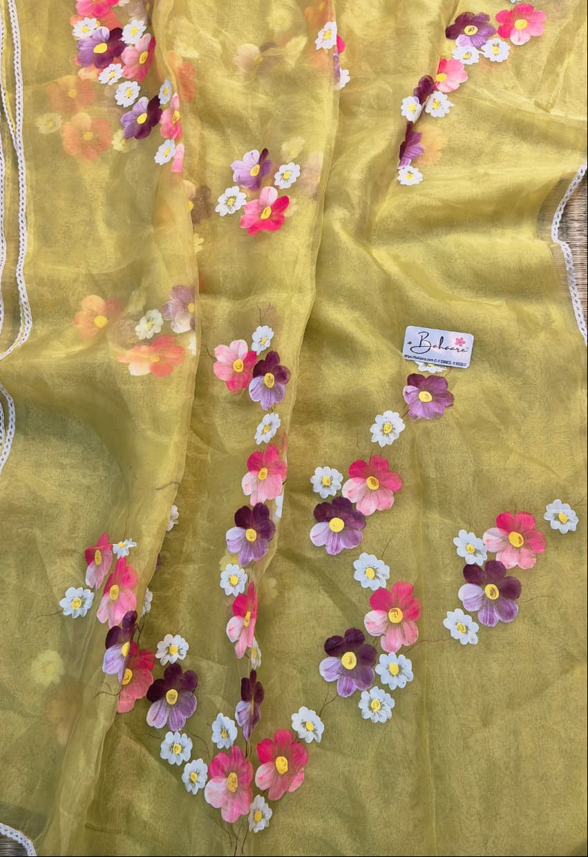Utsav | Lemon Yellow Silk Saree with Flower Hand Painted Design