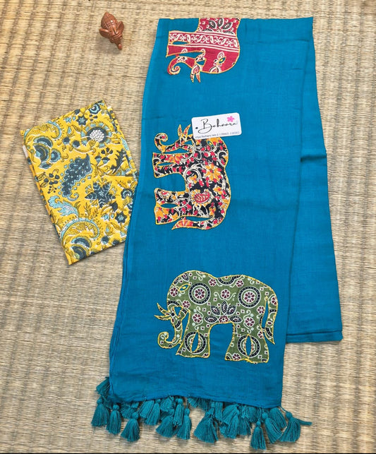 Cotton Galleria | Mor Pankh Green Cotton Saree with Multicoloured Patchwork Pallu