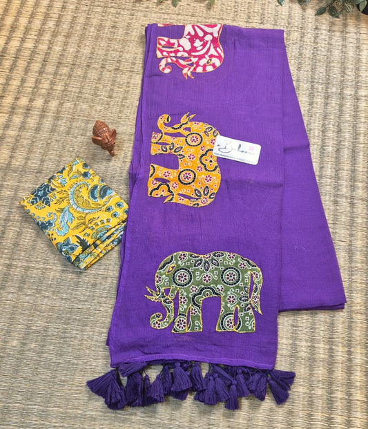 Cotton Galleria | Royal Purple Green Cotton Saree with Multicoloured Patchwork Pallu