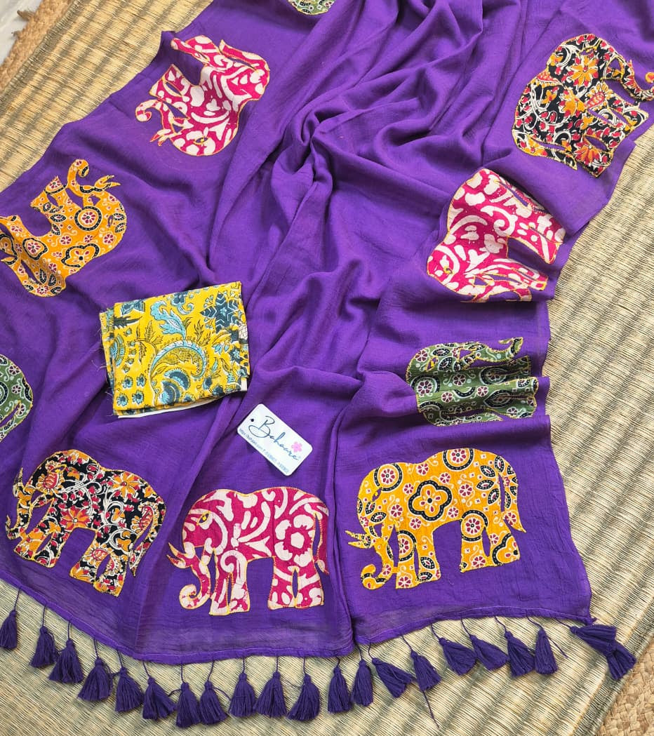 Cotton Galleria | Royal Purple Green Cotton Saree with Multicoloured Patchwork Pallu