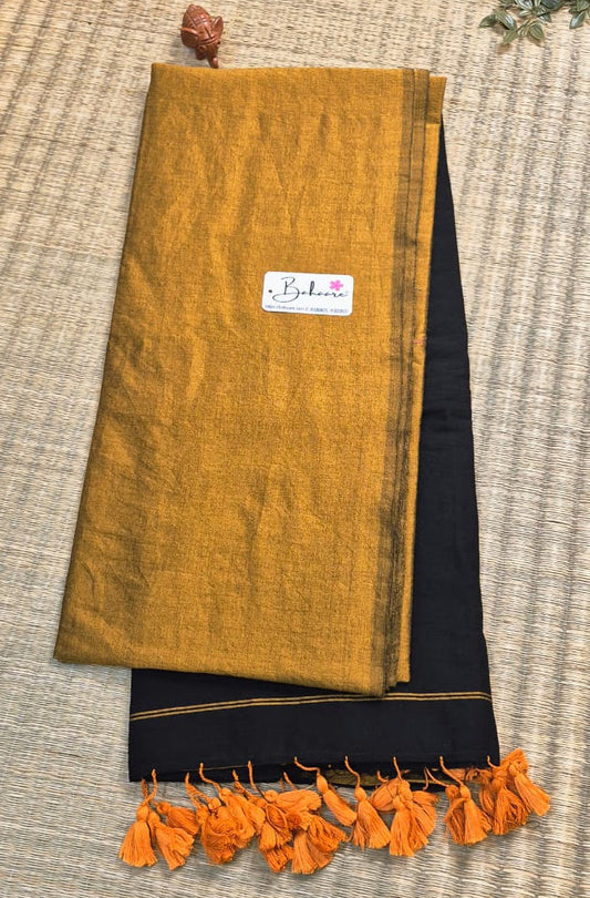 Cotton Galleria | Dark Black and Golden Yellow Acrylic Cotton Saree with Zari Pallu