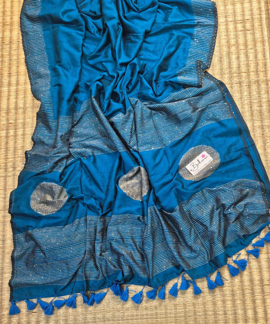 Cotton Galleria | Peacock Blue Acrylic Cotton Saree with Sequence Pallu