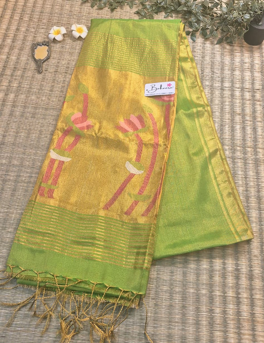 Springtime Serenity | Lime Parrot Green Tissue Linen Saree with Paithani Motif
