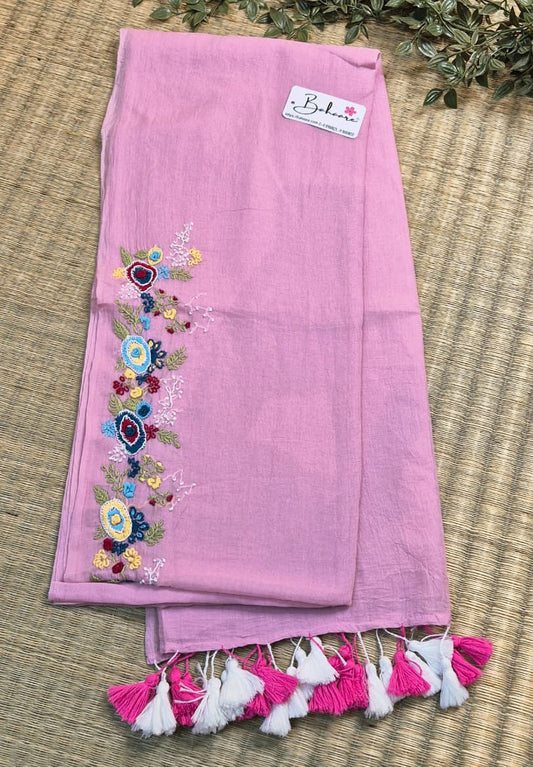 Mohini | Dusty Pink Mul Mul Cotton Saree with Handcrafted Bullion Stich on Front Top Part