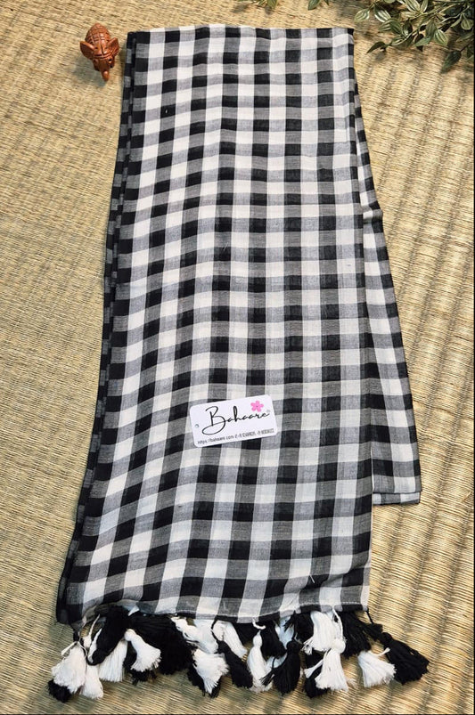 Mohini | Black and White Check Mul Mul Cotton Saree