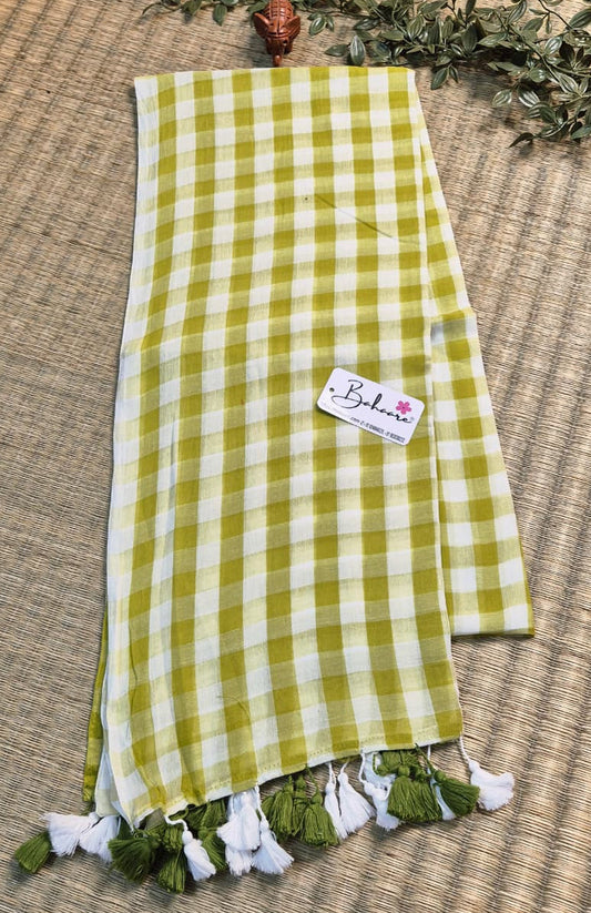 Mohini | Moss Green Multicoloured Check Mul Mul Cotton Saree