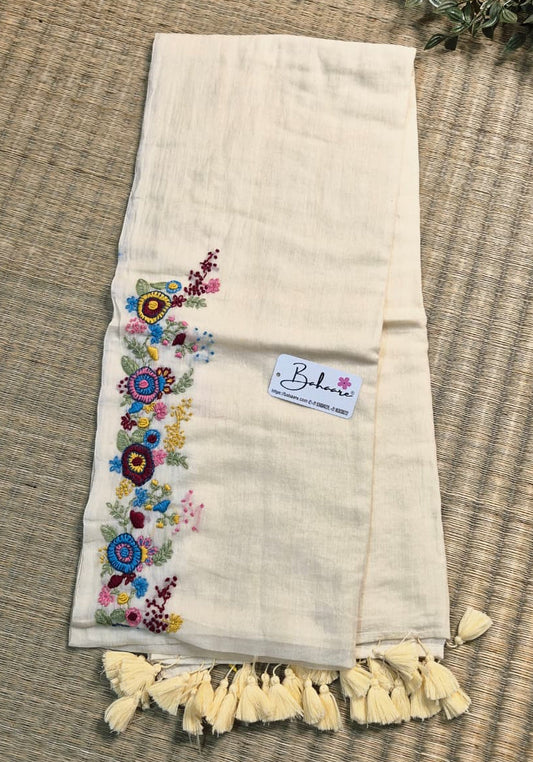 Mohini | Royal Cream Mul Mul Cotton Saree with Handcrafted Bullion Stich on Front Top Part