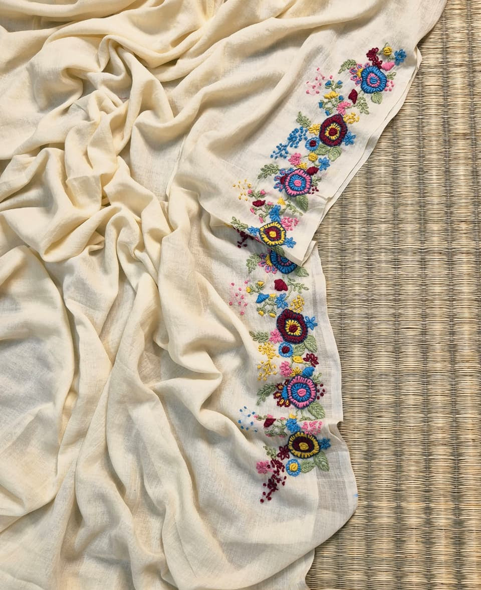 Mohini | Royal Cream Mul Mul Cotton Saree with Handcrafted Bullion Stich on Front Top Part