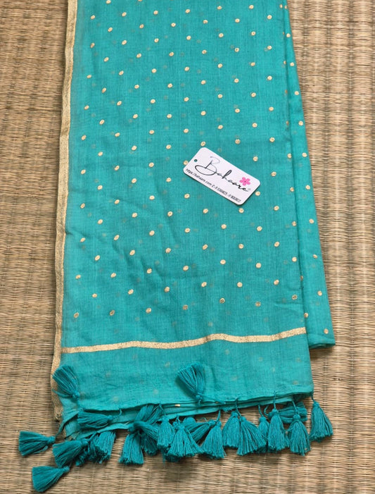 Polka Passion | Mor Blue Mul Mul Cotton Saree with Golden Polka Dots