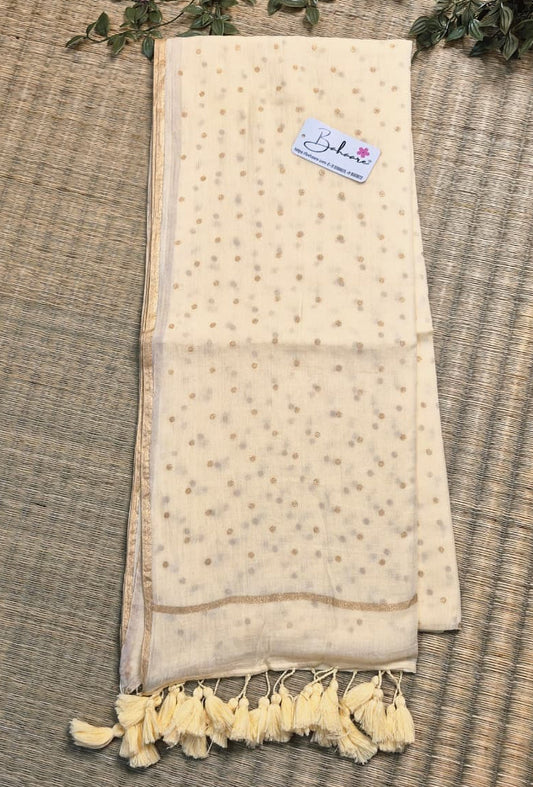 Polka Passion | Latte Cream Mul Mul Cotton Saree with Golden Polka Dots