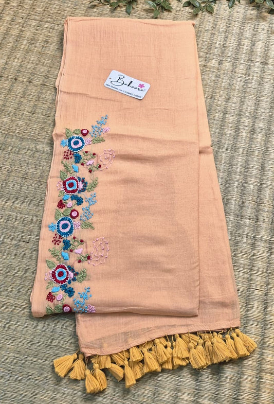 Mohini | Light Peach Mul Mul Cotton Saree with Handcrafted Bullion Stich on Front Top Part