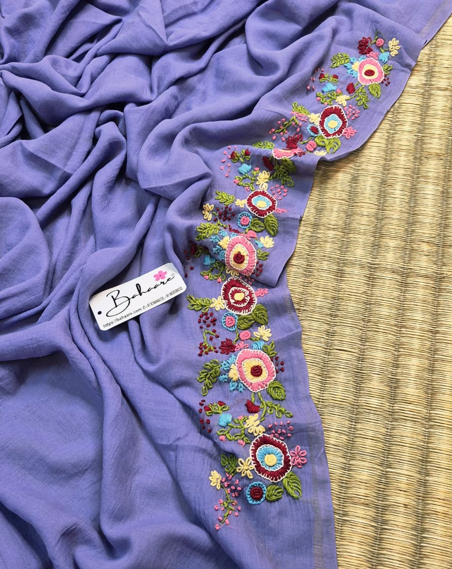 Mohini | Powder Blue Mul Mul Cotton Saree with Handcrafted Bullion Stich on Front Top Part