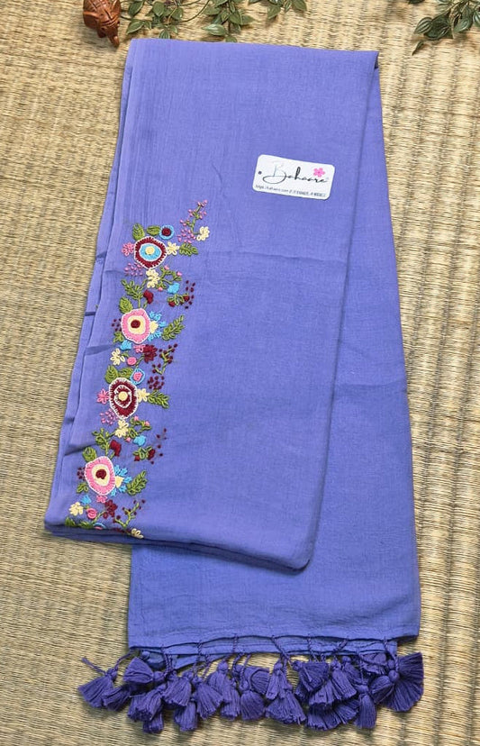 Mohini | Powder Blue Mul Mul Cotton Saree with Handcrafted Bullion Stich on Front Top Part