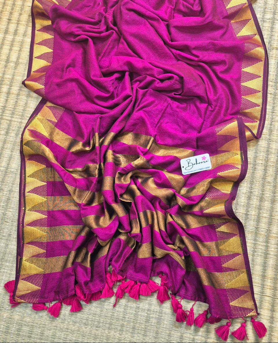 Cotton Galleria | Orchid Pink Handwoven Premium Cotton Saree with Temple Zari Border