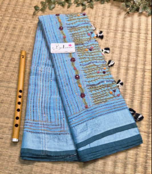 Woodland Whispers | Blue Mist Linen Saree with Handcrafted Bullion Stich