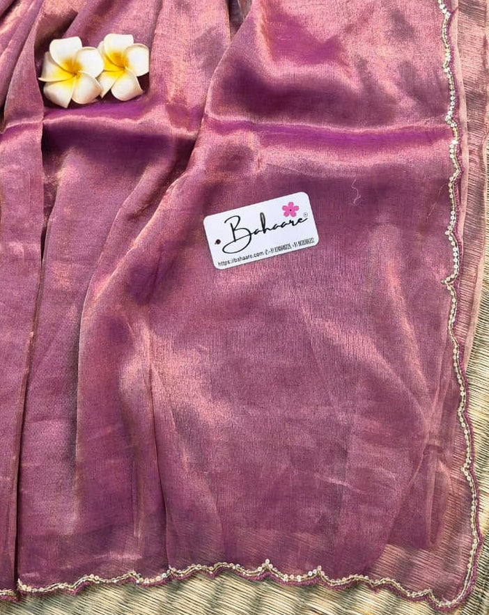 Megha | Onion Pink Tissue Saree with Scallop Border & Cutdana Moti Work