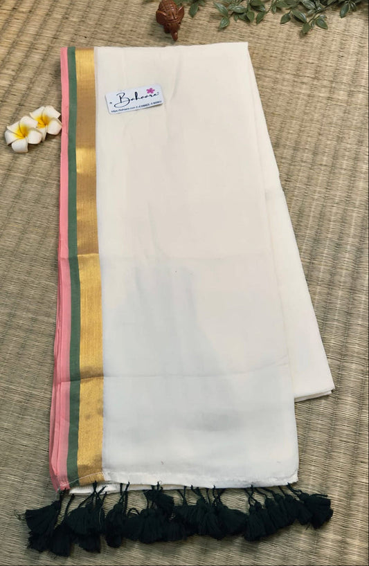 Noor | Soft Beige Mul Mul Cotton Saree with Golden Zari Border