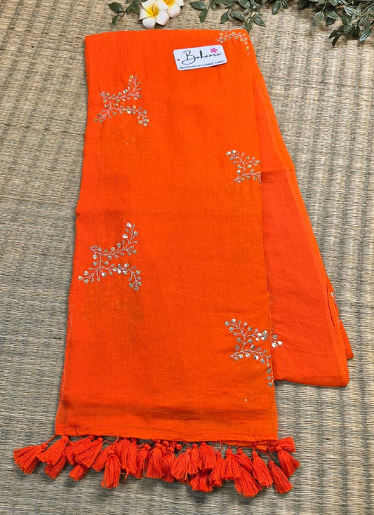 Shimmering Starlight | Flame Orange Mul Mul Cotton Saree with Sequin Zari Embroidery Work