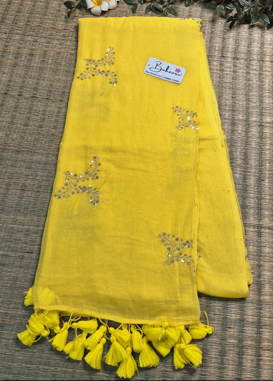 Shimmering Starlight | Sunshine Yellow Mul Mul Cotton Saree with Sequin Zari Embroidery Work