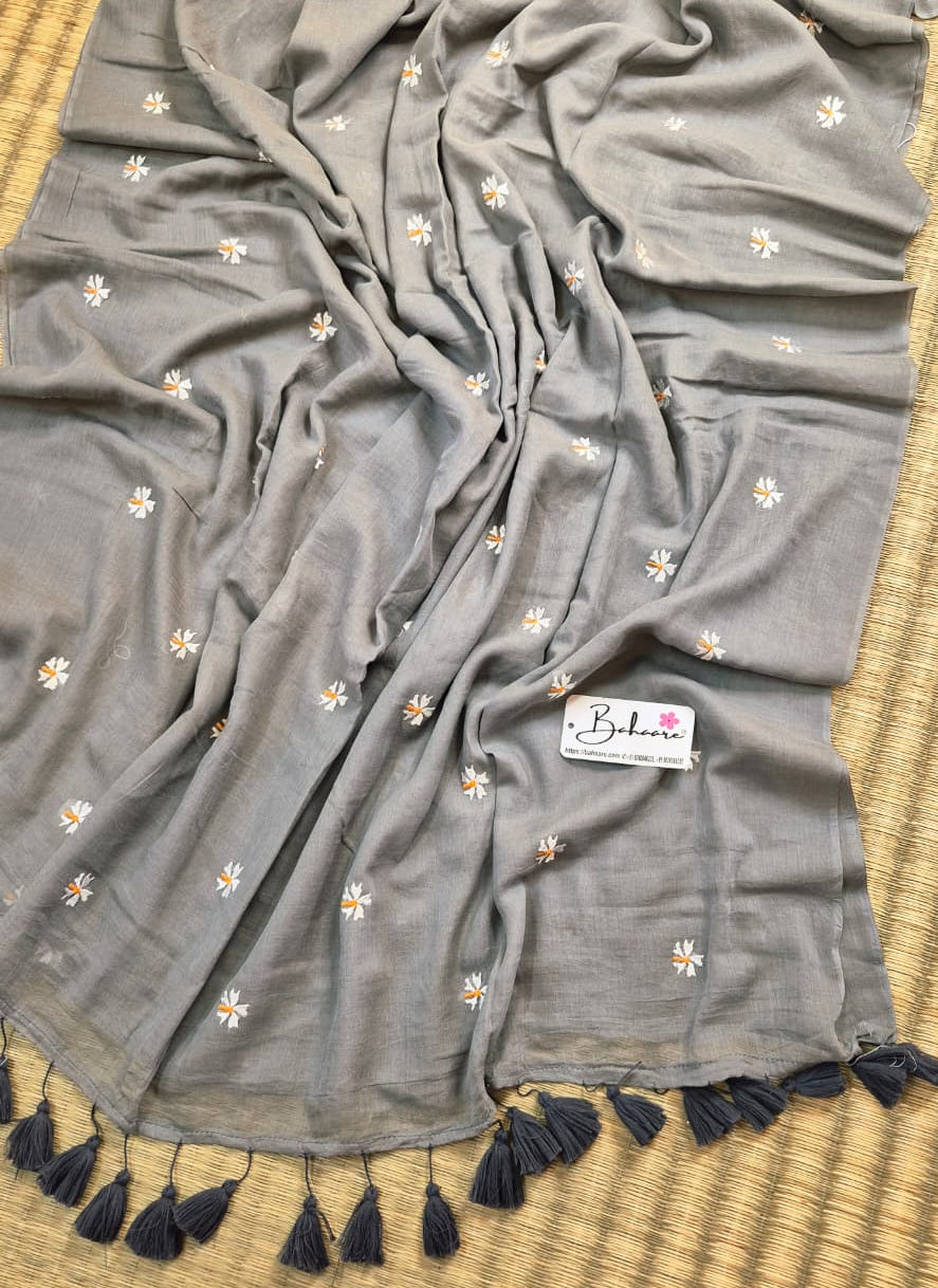 Parijat | Ash Grey Mul Mul Cotton Saree