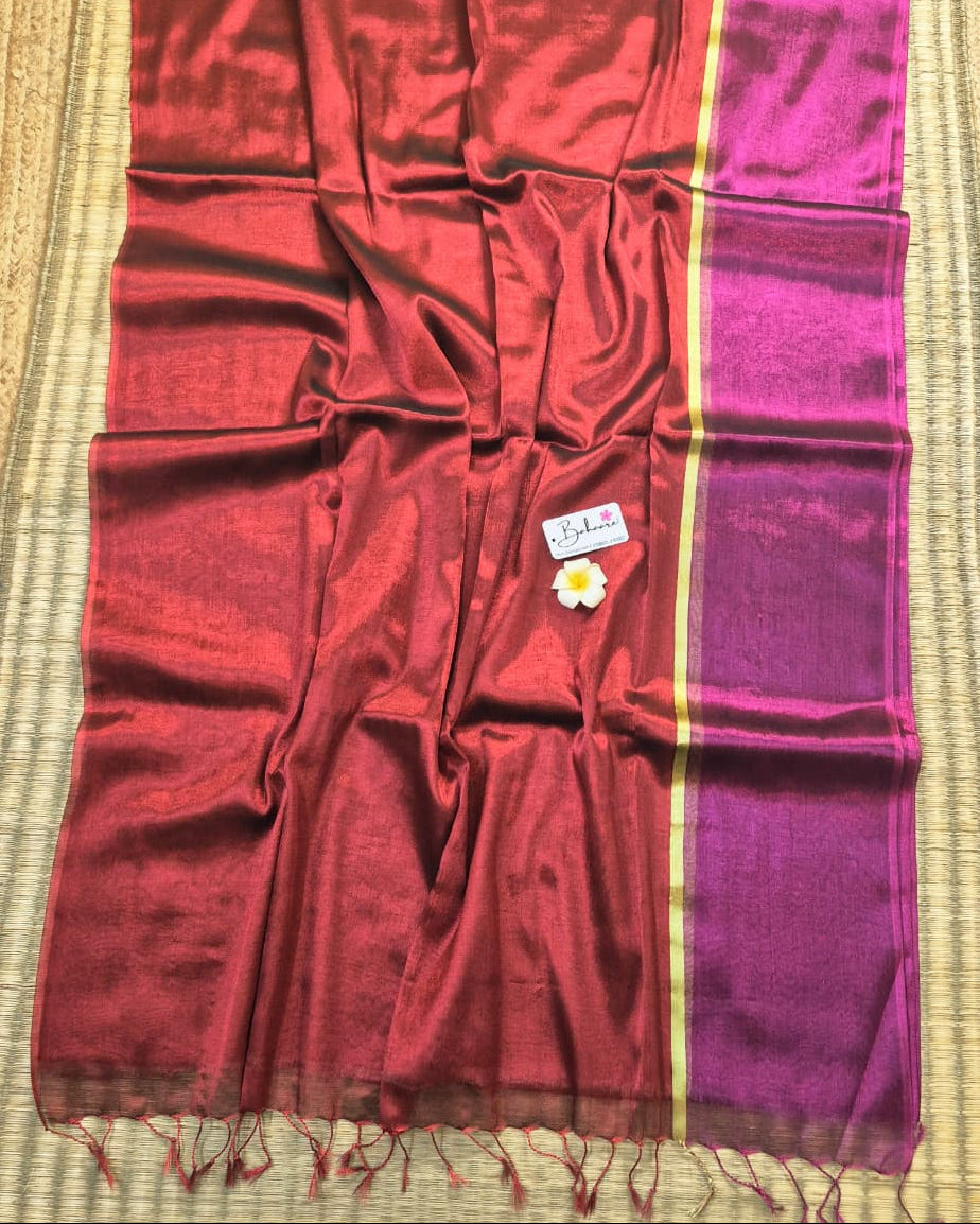 Suhani | Dark Maroon Tissue Saree with Elegant Magenta Border