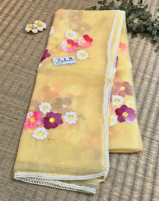 Utsav | Pastel Yellow Organza Silk Saree with Flower Hand Painted Design