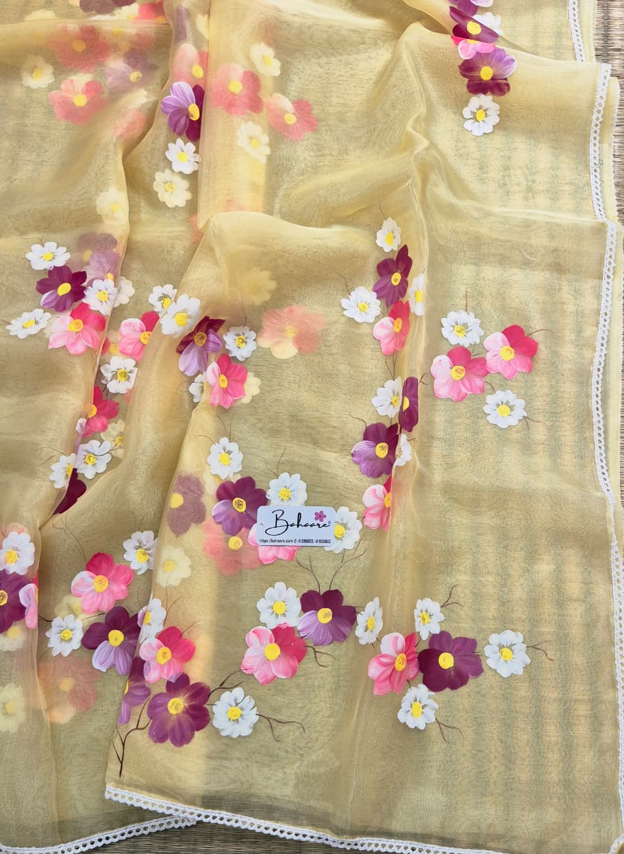 Utsav | Pastel Yellow Organza Silk Saree with Flower Hand Painted Design