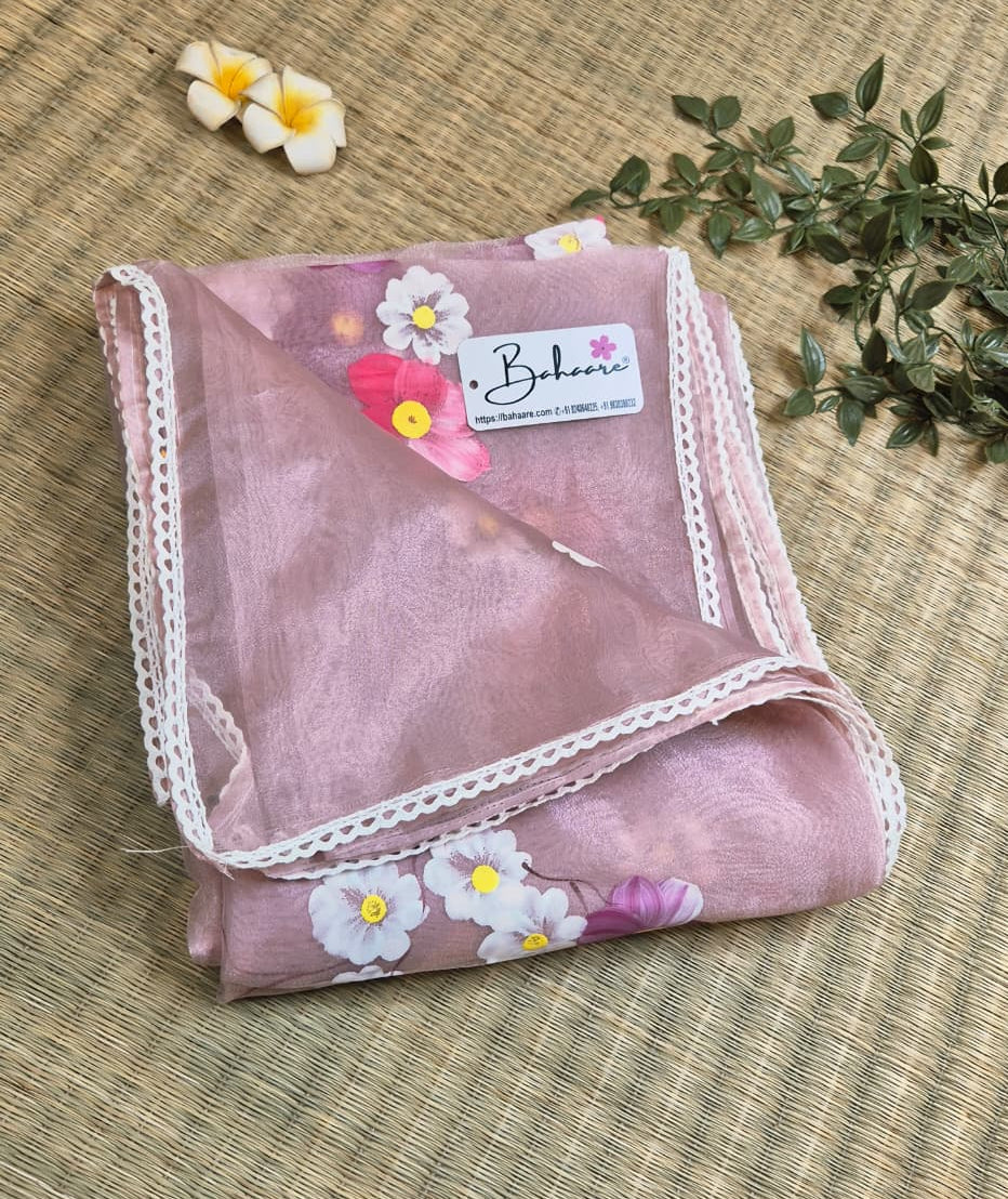 Utsav | Pastel Pink Organza Silk Saree with Flower Hand Painted Design