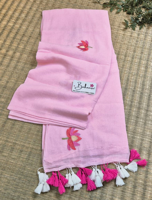 Mohini | Fresh Pink Mul Mul Cotton Saree with Flower Motif