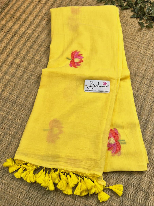 Mohini | Sunshine Yellow Mul Mul Cotton Saree with Flower Motif
