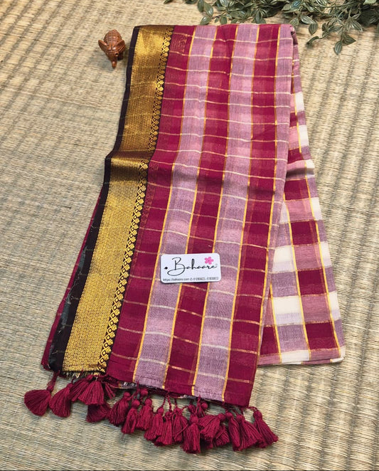 Noor | Maroon Check Mul Mul Cotton Saree with Golden Zari Border